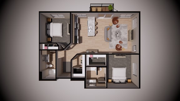 A 3D floor plan of a small apartment with a kitchen, living room, and two bedrooms.