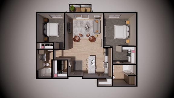A top-down view of a small apartment layout with a kitchen, living room, and bathroom.