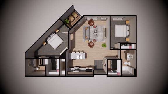 A top-down view of a house layout with a kitchen, living room, and bedrooms.