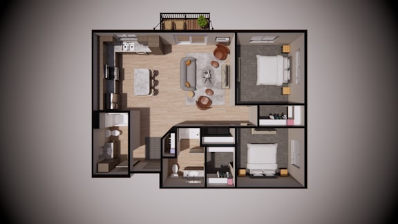 A 3D rendered image of a small apartment layout.