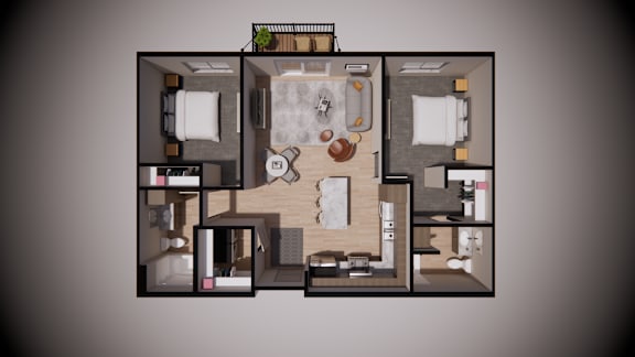A 3D floor plan of a house with a kitchen, living room, and two bedrooms.