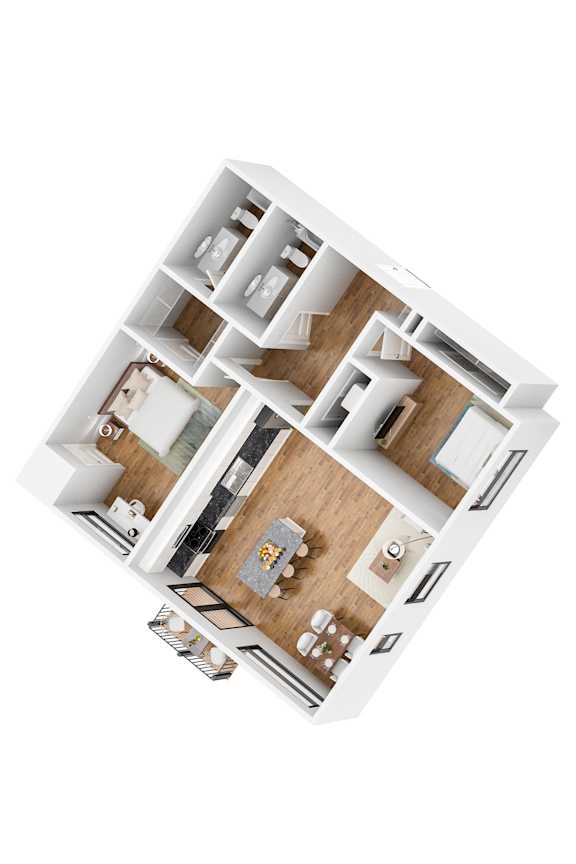 A top down view of a house layout with a living room, kitchen, and two bedrooms.