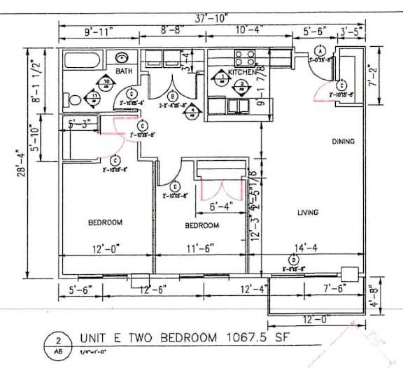 A floor plan of a two bedroom apartment with a living room and dining room.