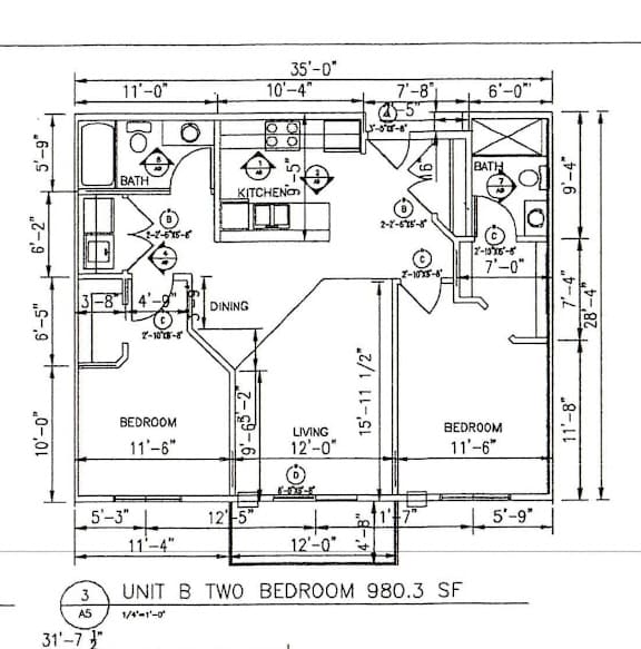 A drawing of a two bedroom apartment with dimensions.