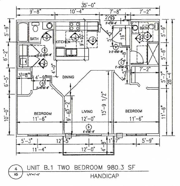 A drawing of a two bedroom apartment with a living room and kitchen.