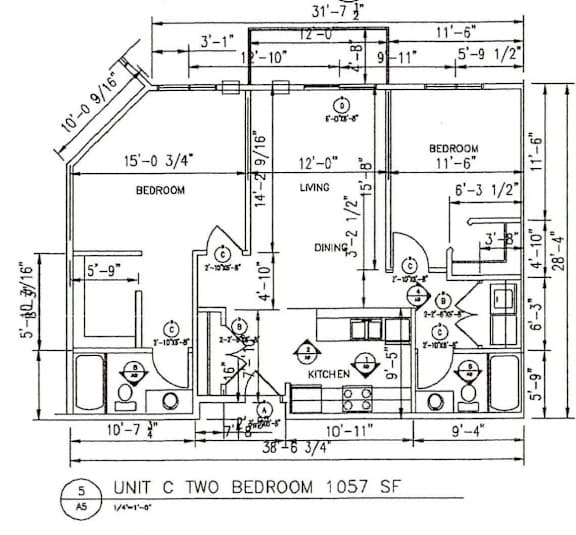 A drawing of a two bedroom apartment with dimensions.