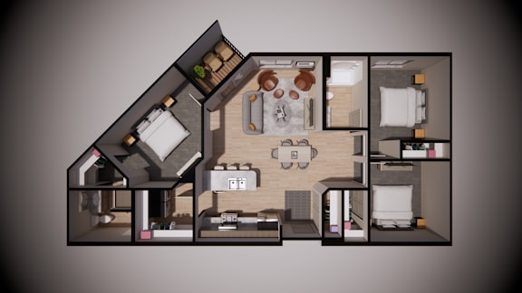 A top-down view of a modern apartment layout with a kitchen, living room, and bedrooms.