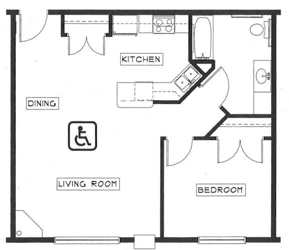 A floor plan of a home with a kitchen, dining area, living room, and bedroom.