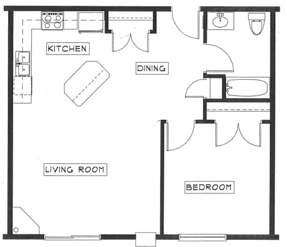 A floor plan of a house with a kitchen, dining room, living room, and bedroom.