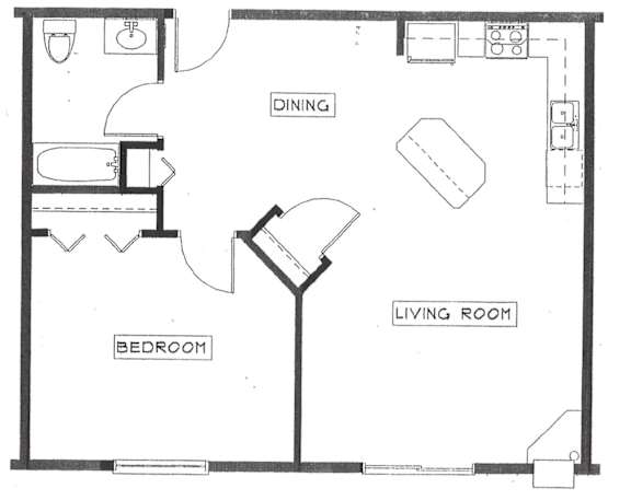 A black and white image of a floor plan for a small apartment with a bedroom, living room, and dining area.