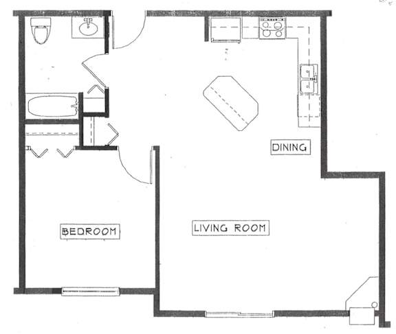 A floor plan of a room with a bedroom, living room, and dining area.