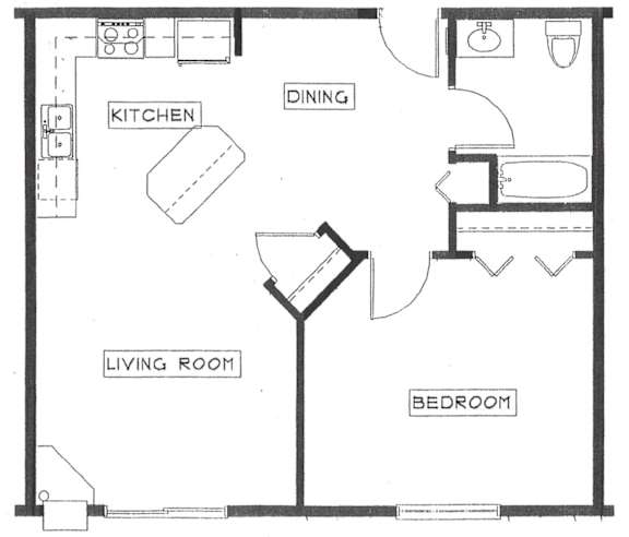 A simple black and white floor plan of a house with a living room, dining room, kitchen, and bedroom.