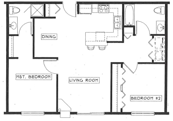 A floor plan of a house with a dining area, two bedrooms, and a living room.