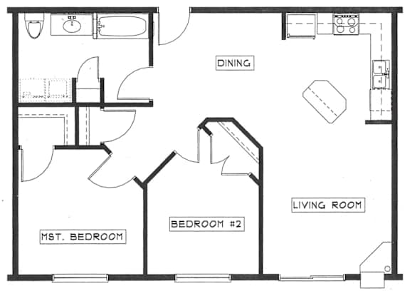 A black and white floor plan of a house with a dining area, two bedrooms, and a living room.
