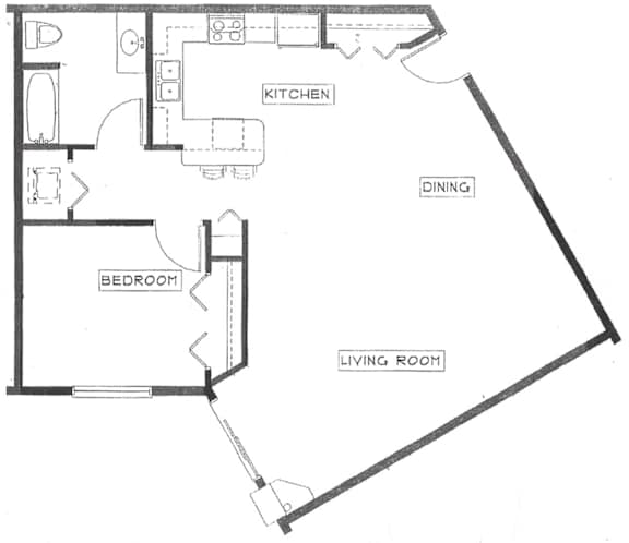 A floor plan of a house with a kitchen, dining room, bedroom and living room.