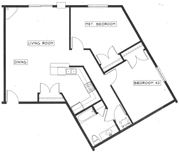 A black and white image of a house floor plan with a living room, dining room, and two bedrooms.