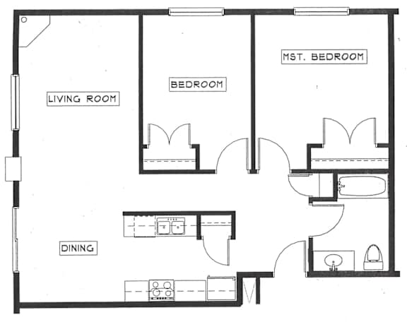 A black and white image of a floor plan for a house with a living room, dining room, and two bedrooms.