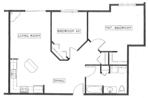 A black and white image of a floor plan for a home with a living room, dining room, and two bedrooms.