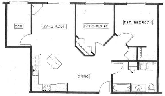 A black and white image of a floor plan for a house with a den, living room, dining room, two bedrooms, and a master bedroom.