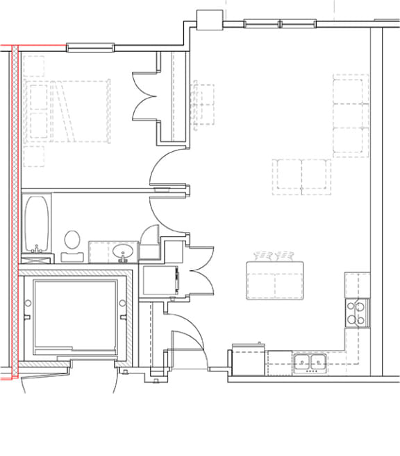 a floor plan of a room with a fireplace and a desk