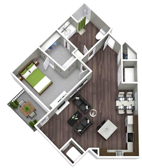 A top-down view of a house layout with a living room, dining room, kitchen, and bathroom.
