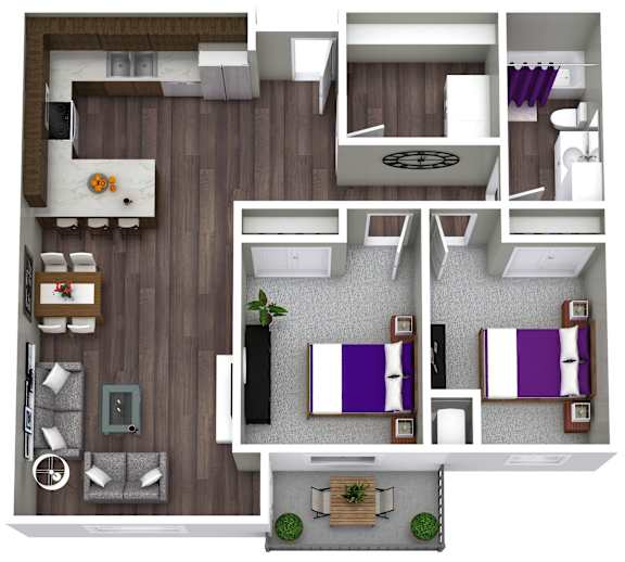 A top-down view of a modern apartment layout with a kitchen, living room, and two bedrooms.