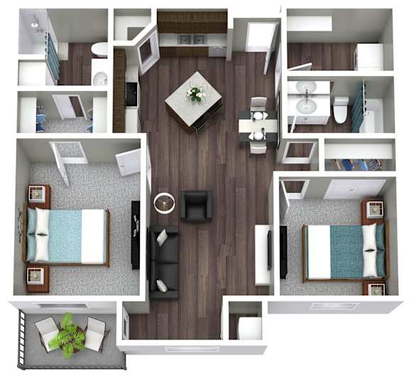 A top down view of a small apartment with a bedroom, living room, and kitchen.