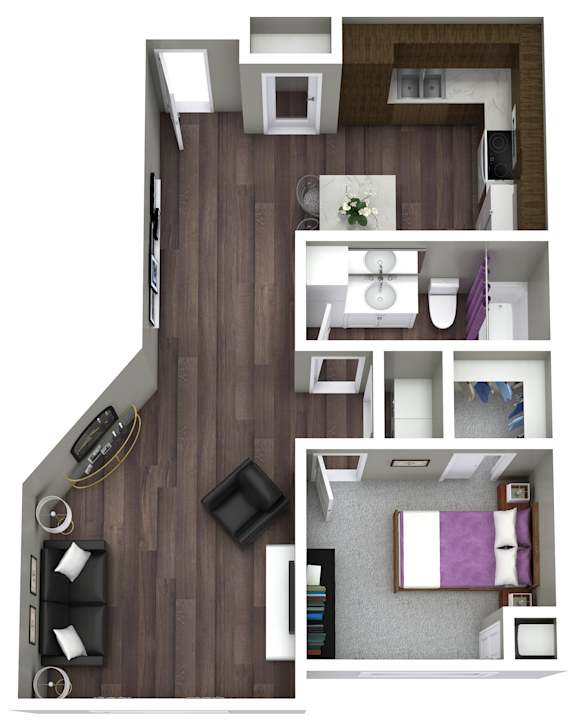 A top-down view of a small apartment with a kitchen, living room, and bathroom.