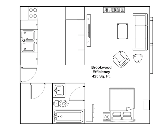 A floor plan of a 425 square foot efficiency apartment by Brookwood Efficiency.