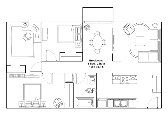 A floor plan of a Brookwood apartment with 3 bedrooms and 2 bathrooms.