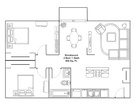 A floor plan of a Brookwood 2 Bed / 1 Bath sized at 900 square feet.