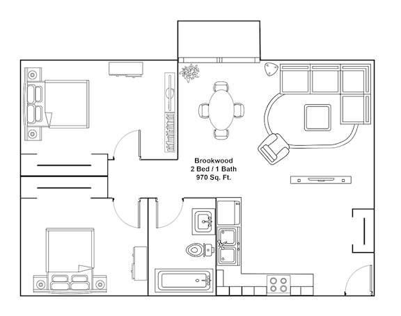 A floor plan of a Brookwood 2 Bed 1 Bath 970 sq. Ft.