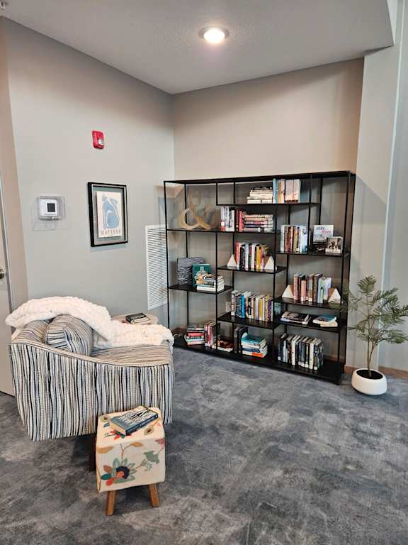 A room with a bookshelf, a chair, and a small tree.