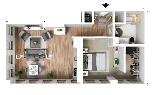 A floor plan of a two-story house with a living room, kitchen, and bedrooms.
