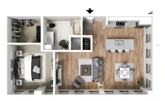 A top-down view of a small apartment layout with a kitchen, living room, and bedroom.
