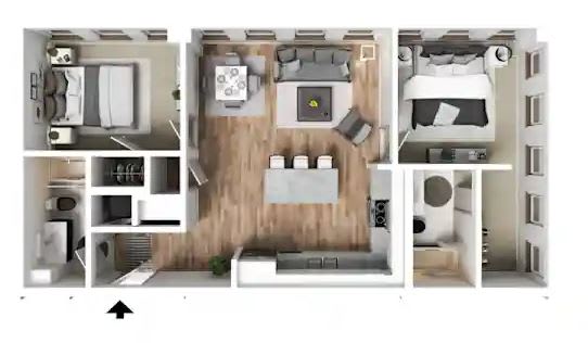 A floor plan of a house with a kitchen, living room, bedrooms and bathrooms.