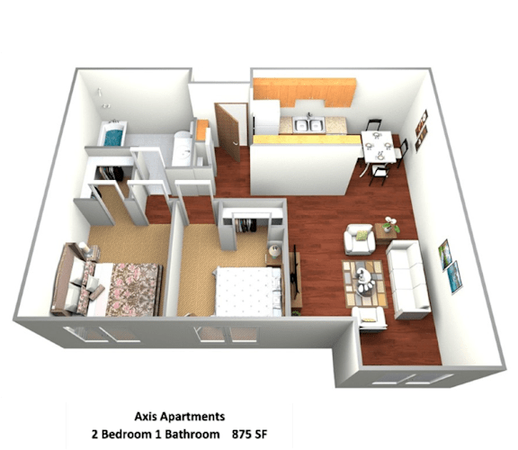 2 BD 1 Bath 875 SF