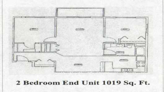 A floor plan of a 2 bedroom end unit apartment sized at 1019 square feet.