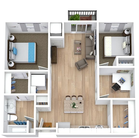 a 3d drawing of a bedroom with a wood floor