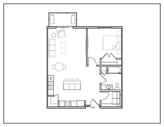 1 Bedroom, 775 sq ft, Kitchen Island
