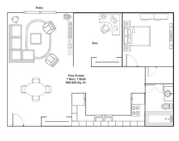 A floor plan of a Pine Pointe property showing a patio, den, and bedroom.