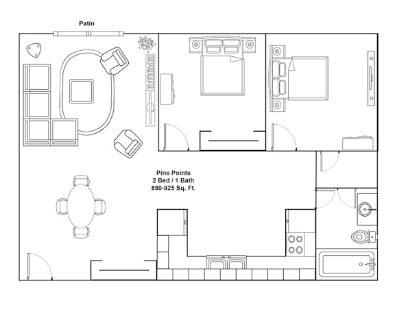 A floor plan of a two bedroom apartment with a patio.