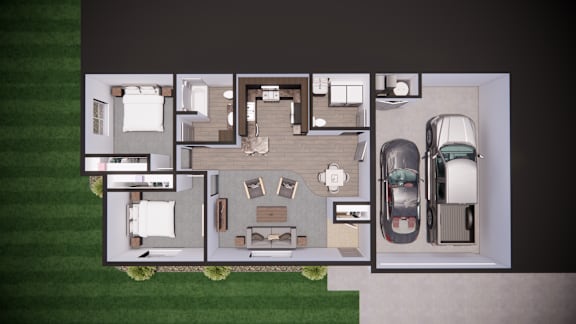 A top-down view of a house layout with a garage and a car.