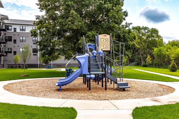 a playground with a blue slide in a park