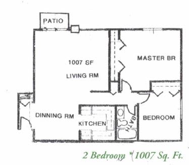 A floor plan of a 2 bedroom apartment at 1007 Sq. Ft.