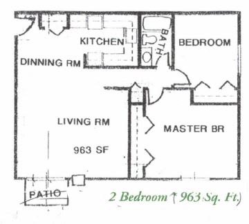 A floor plan of a two bedroom apartment with a living room, dining room, kitchen and bathroom.