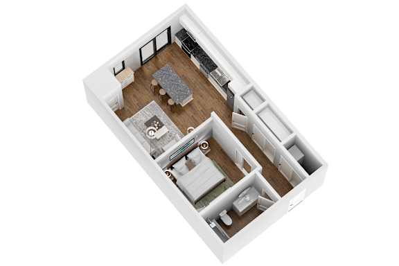 A top down view of a small apartment with a kitchen, living room, and two bedrooms.