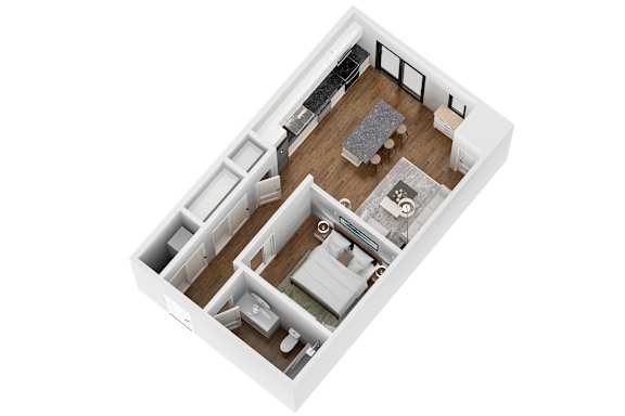 A top-down view of a modern apartment layout.