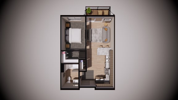 A 3D rendered image of a small apartment layout.