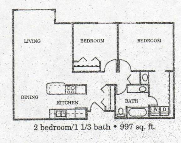 A black and white image of a floor plan for a 997 sq. ft. apartment with two bedrooms, one bathroom, a living room, and a kitchen.